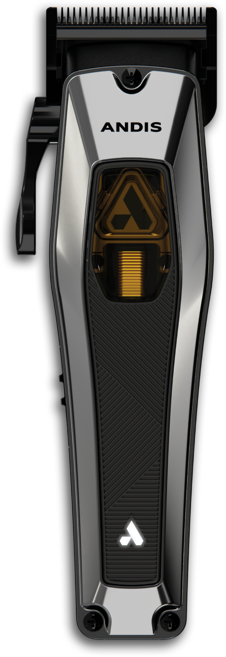 Recon clipper with black DLC-coated PHASE blade, silver case with transparent cover above Andis logo.