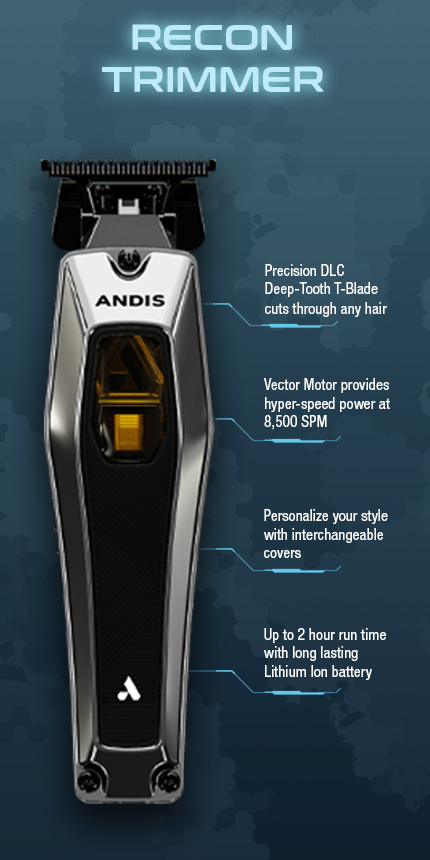 Recon trimmer bullet descriptions of its features Adjustable blade, vector motor, interchangeable covers and 2-hour LI-Ion battery.
