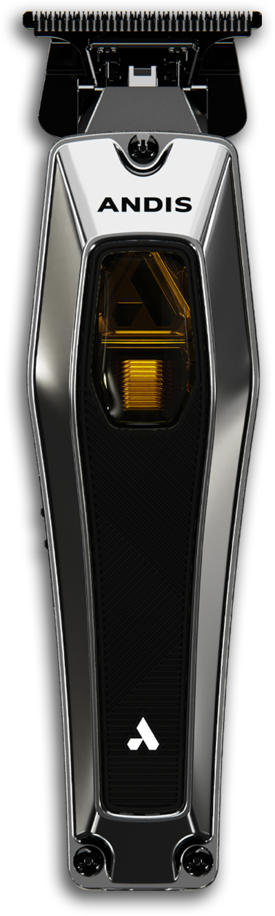 Recon trimmer with black DLC-coated Deep-Tooth T-Blade, silver case with transparent cover above Andis logo.